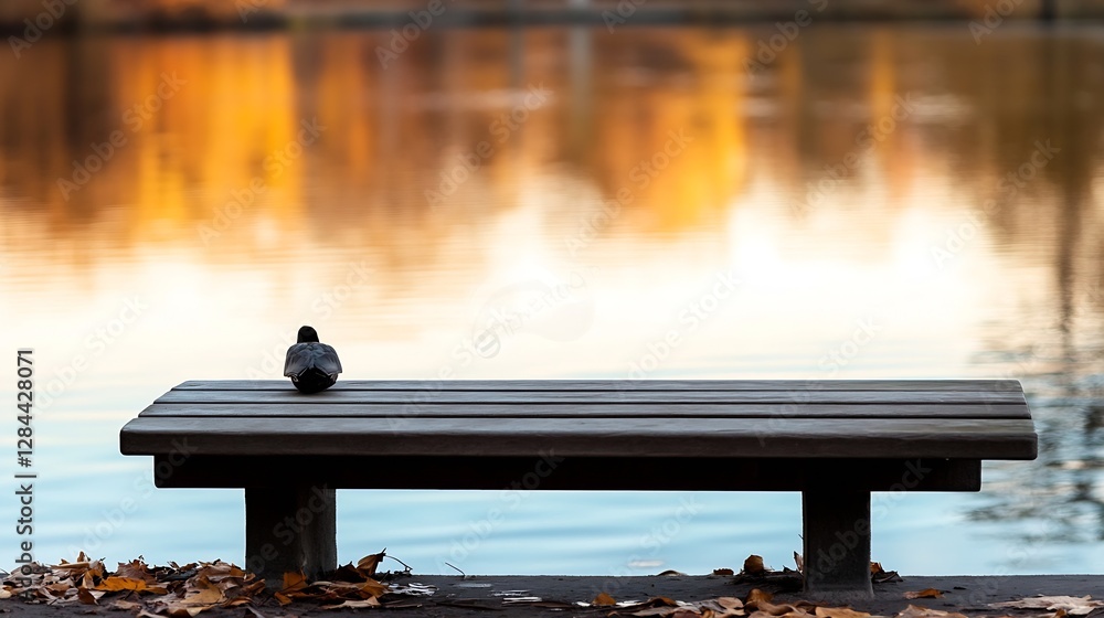 Poster Serene View of a Duck Sitting on a Wooden Dock by a Lake Surrounded by Autumn Colors : Generative AI