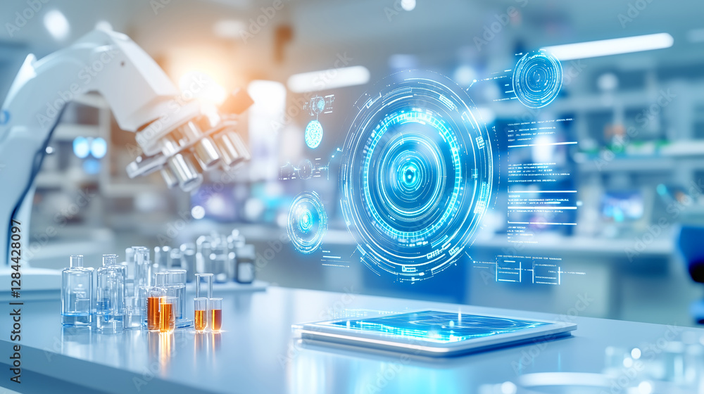 Poster modern science laboratory with advanced technology and data analysis for research and experimentatio