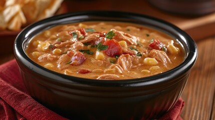 Creamy salmon corn chowder in a black bowl, garnished with parsley, on a wooden table with a red napkin.