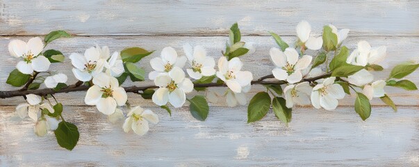 Blooming white flowers on rustic wooden background: nature and rustic charm combined