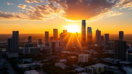 Obraz premium Stunning Aerial View of a City Skyline at Sunset with Glowing Skyscrapers and Colorful Sky : Generative AI