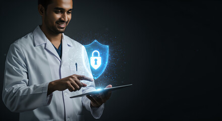 Doctor and medical holographic shield icon showing innovation, security and future of medical advancements. Advanced digital technology in healthcare. Protection personal data with copy space
