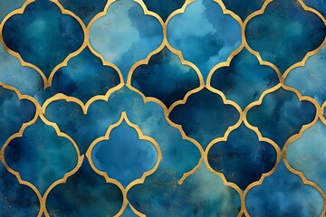 Beautiful Geometric Pattern with Gold Outlines and Colorful Blues