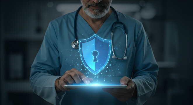 Medical personal with digital shield icon represents data security, patient protection, evolution of medicine. Futuristic healthcare technology, medical diagnostics and save confidential information - Powered by Adobe