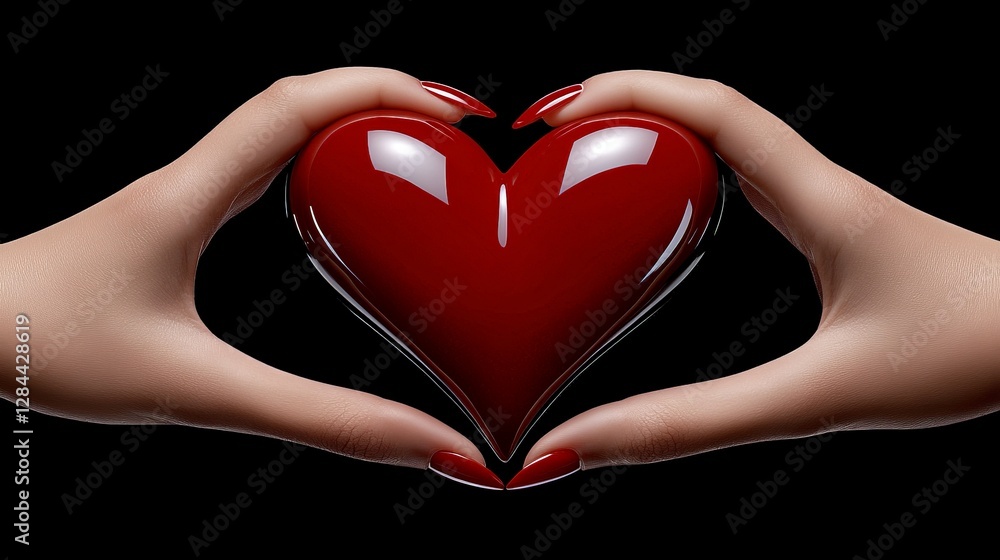 Poster two hands forming heart shape with shiny red object in dark background