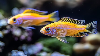 Fototapeta premium Two beautiful colorful fish swimming in an aquarium setting
