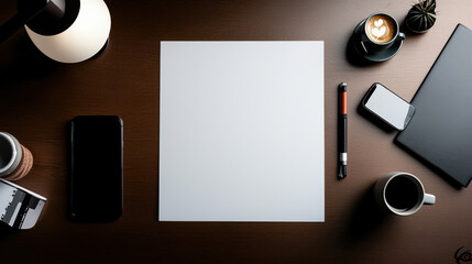 Blank paper on desk with coffee and tech items around
