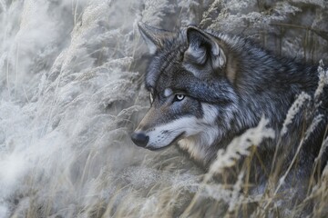 Fototapeta premium Gray Wolf In Frosty Winter Grassland. The wolf portrait in the winter scene is partially hidden in