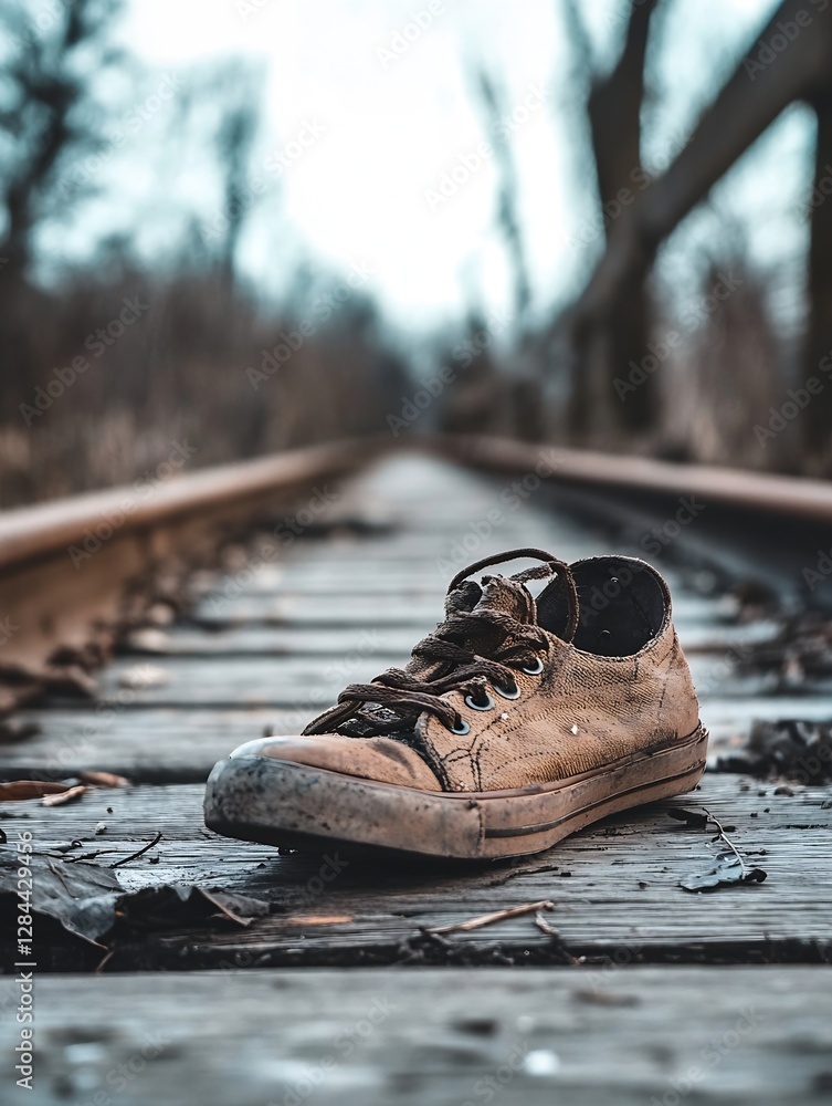 Poster single worn sneaker abandoned on rustic wooden railway track with nature background : generative ai