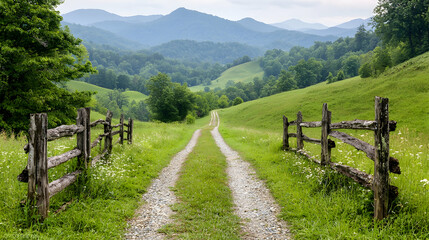 Scenic mountain road, grassy hills, wooden fence, summer