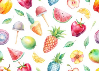 Summer Seamless Pattern Vector – Juicy Fruits, Ice Cream & Tropical Vibes on White Background, Summer Fruit & Ice Cream Seamless Vector, Juicy Summer Pattern, Tropical Treats Vector