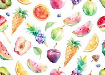 Summer Seamless Pattern Vector – Juicy Fruits, Ice Cream & Tropical Vibes on White Background, Summer Fruit & Ice Cream Seamless Vector, Juicy Summer Pattern, Tropical Treats Vector
