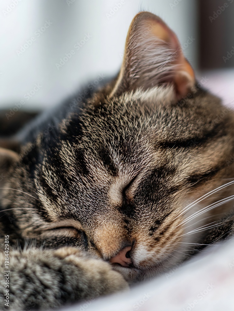 Poster adorable sleeping tabby cat with soft fur resting peacefully in a cozy home setting : generative ai