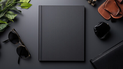 Elegant black notebook on dark surface with accessories