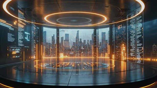 Technological Oasis: A futuristic interior with glowing light accents provides a stunning panoramic view of a bustling cityscape, melding innovation and urban life.