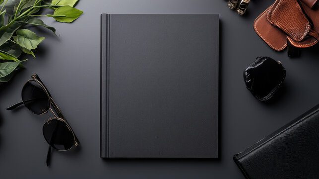 Elegant black notebook on dark surface with accessories - Powered by Adobe