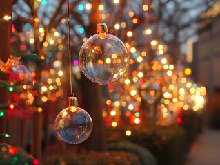 Festive Christmas Ornaments Hang in the Bright Evening Darkness
