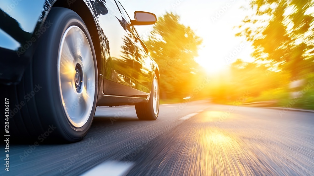 Aufkleber dynamic motion capture of car in motion during sunset on open road : generative ai