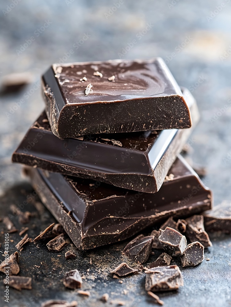 Poster delicious dark chocolate squares stacked with flakes on a dark surface : generative ai
