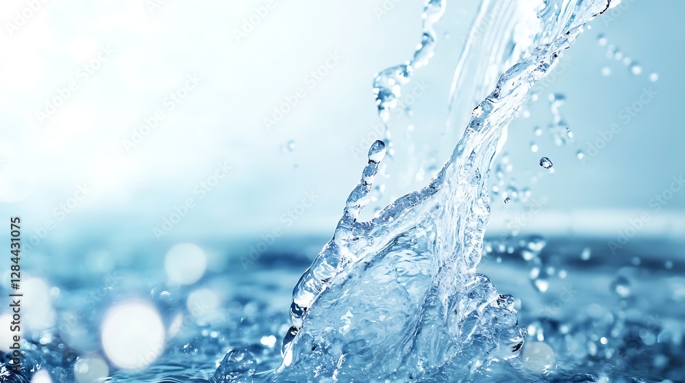 Poster dynamic splash of clear water droplets creating waves in serene blue background for hydration concep