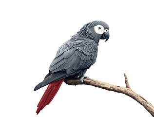 Fototapeta premium Realistic African Grey parrot sitting on a branch, isolated against a white background.