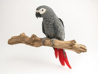 Obraz premium Realistic African Grey parrot sitting on a branch, isolated against a white background.