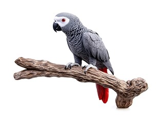 Obraz premium Realistic African Grey parrot sitting on a branch, isolated against a white background.