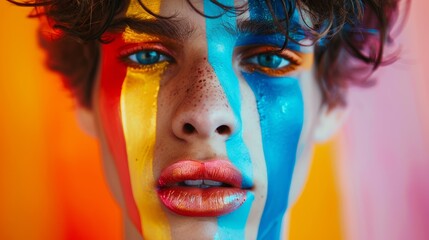 Obraz premium Vibrant Portrait: A Young Man Adorned with Bold Colorful Face Paint