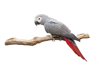 Obraz premium Realistic African Grey parrot sitting on a branch, isolated against a white background.