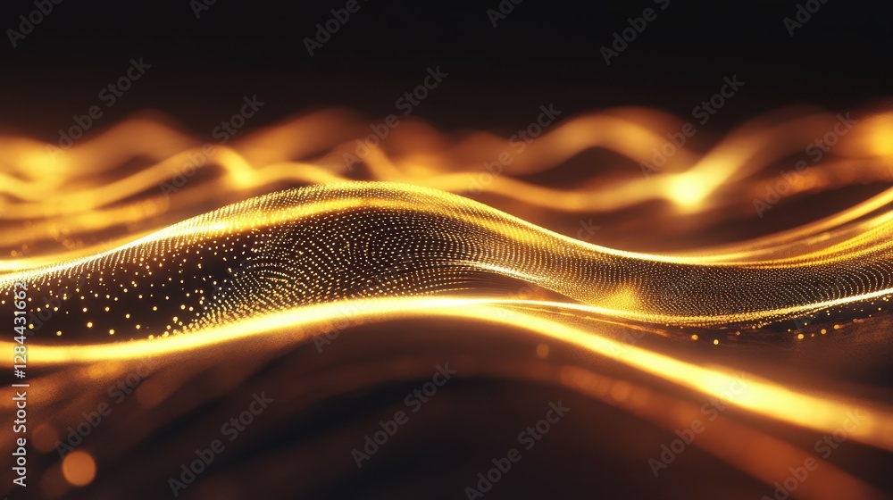 Poster glowing abstract waves with dynamic golden light particles