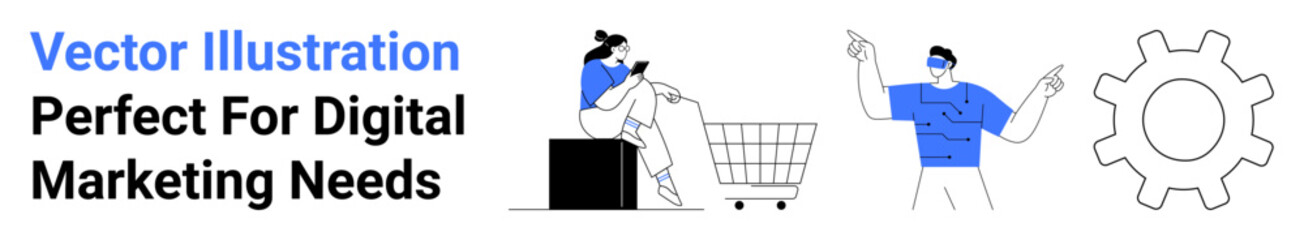 Woman browsing online store with shopping cart, while man explains growth ideas. Gear icon symbolizes strategies. Ideal for e-commerce, teamwork, strategy, education, innovation, advertising flat