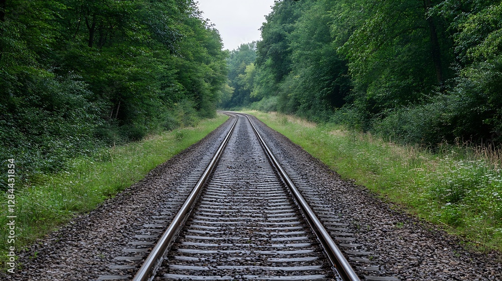 Leinwandbilder Train tracks leading through lush greenery and trees creating a serene pathway : Generative AI