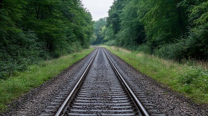 Fototapeta premium Train tracks leading through lush greenery and trees creating a serene pathway : Generative AI