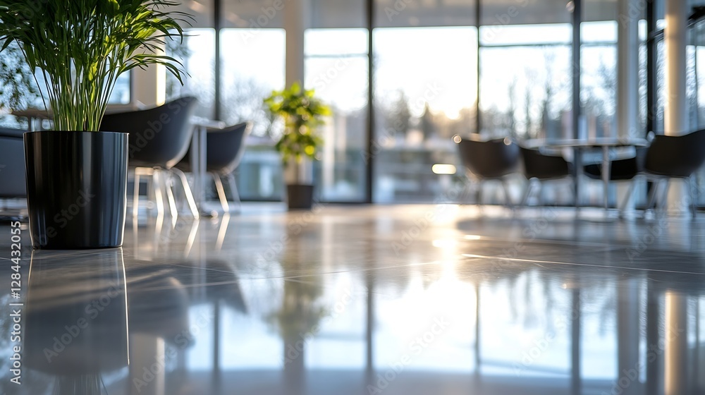 Poster modern office interior featuring lush plants and large glass windows creating a vibrant workspace : 