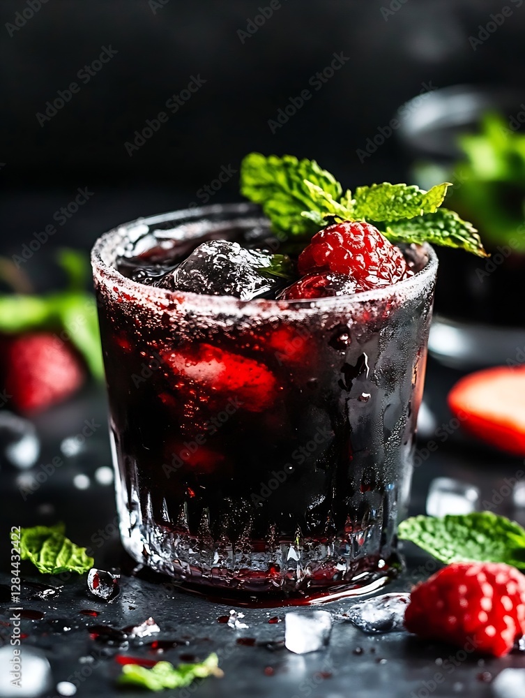 Aufkleber refreshing berry cocktail with ice cubes and fresh mint leaves in a glass on a dark background : gen