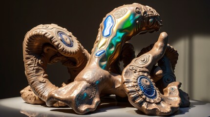 Intricate Octopus Sculpture with Detailed Ornamentation and Iridescent Color Highlights