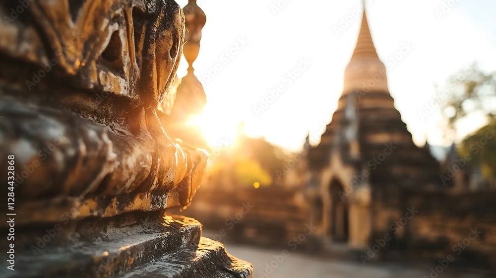 Poster Closeup view of ancient temple architecture with sunlight creating a magical atmosphere : Generative AI