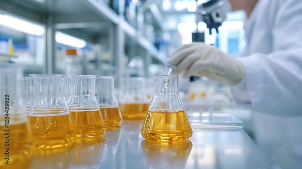 Aufkleber scientist conducting research with glass flasks in a modern laboratory setting : generative ai