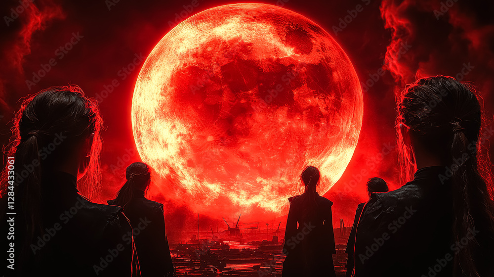 Canvas Prints group of people stand in front of a large red moon. the image has a dark and ominous mood, with the 