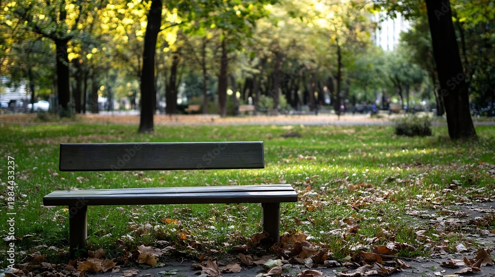 Poster serene park bench surrounded by vibrant autumn foliage in a tranquil setting : generative ai