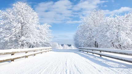 Obraz premium Snowy road through winter wonderland, hills in background; postcard