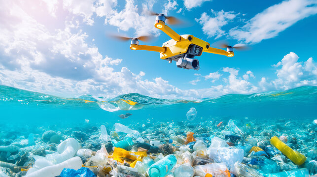 A bright yellow drone hovers above crystal clear water, revealing a submerged landscape cluttered with plastic waste and debris. Sunlight filters through the water, highlighting the pollution