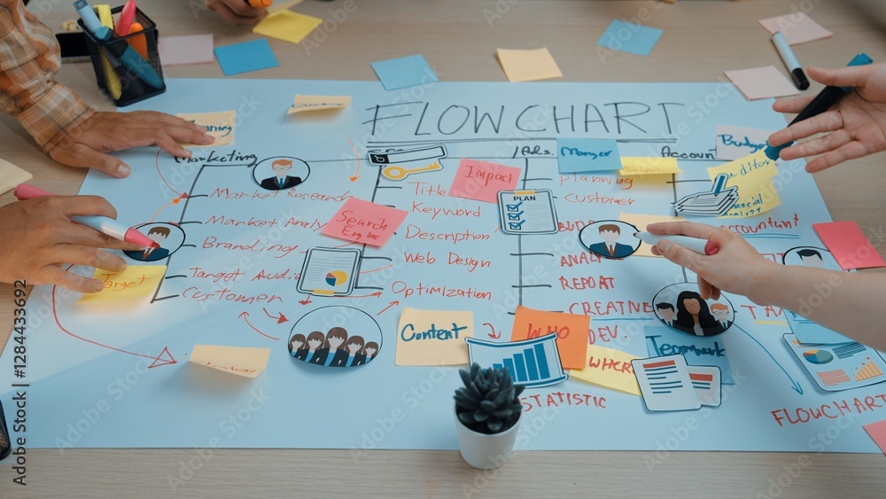 Poster a dynamic team collaborating in a vibrant workspace surrounded by colorful notes and flowcharts, ill