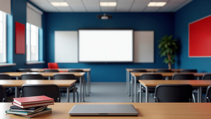 classroom with desks and a modern board