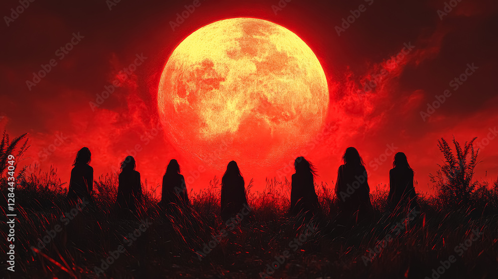 Canvas Prints group of people are sitting in a field in front of a large red moon. scene is eerie and mysterious