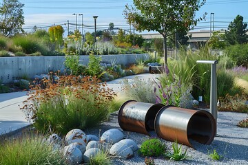 A public sitting area with seating made from upcycled metal pipes, surrounded by bioswales and drought-tolerant plants.