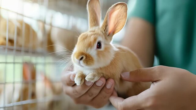 Caring for a Rabbit: Gentle Hands Holding a Cute Bunny with Cage in Background Animal Care Concept