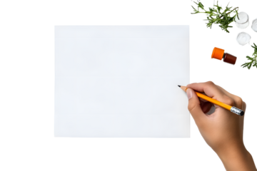 Hand holding pencil ready to write on blank paper, isolated on white background.