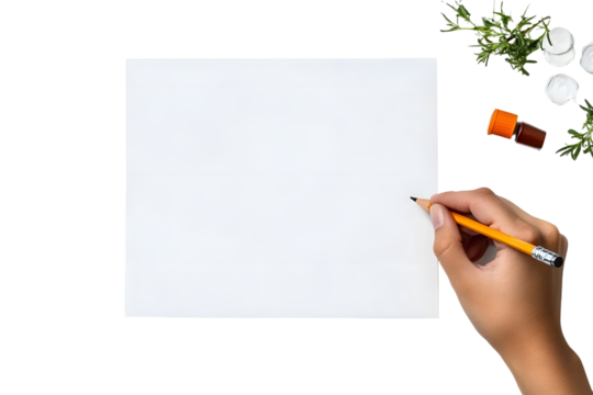 Hand holding pencil ready to write on blank paper, isolated on white background.