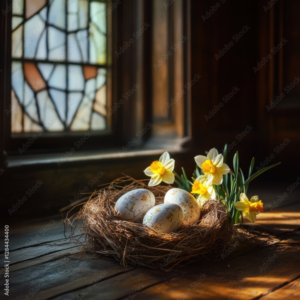 Aufkleber A bird's nest with Easter eggs and daffodils in front of an old stained-glass window in the background, on a wooden floor, with beautiful lighting.